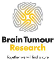 Brain Tumour Research - logo, with yellow and grey interlocking lines (a little like a stylised fingerprint but in a rounded square, like knotwork) and the tagline "Together we will find a cure"