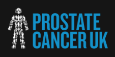 Prostate Cancer UK logo - a black background with charity name in bold blue text next to an icon of a man made up of smaller men, in white